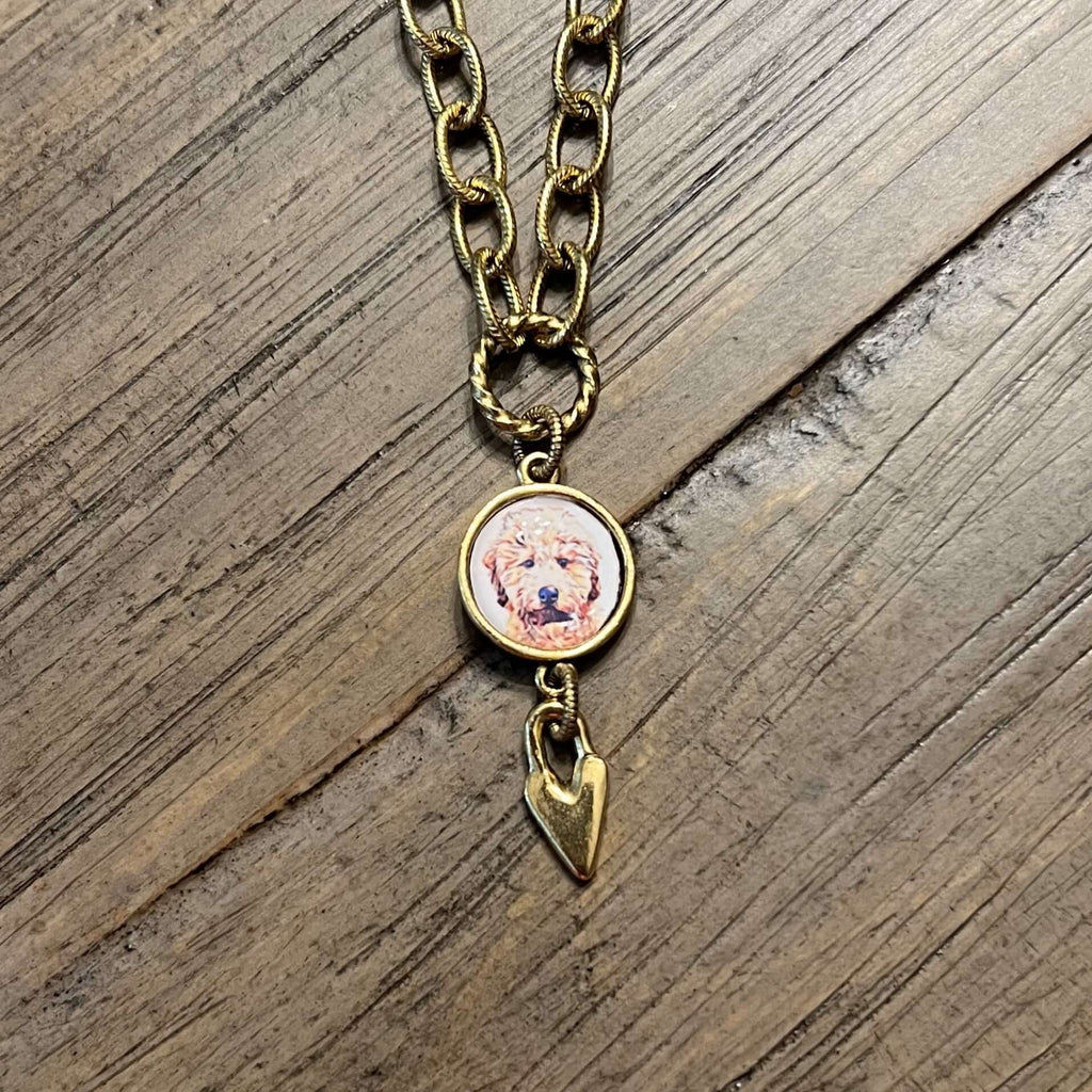 Pet Photo Necklace with Cartoon Pet Portrait Option Gold Bronze