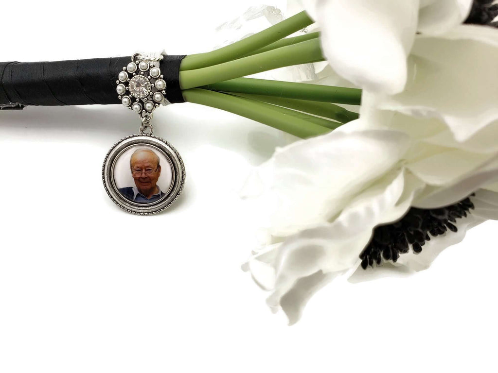 Wedding Bouquet Photo Memory Charm - Wedding Bouquet Charm Pearl Connector with Plain Border