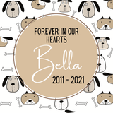 Personalized dog remembrance garden stake with name, dates and whimsical illustrated dogs