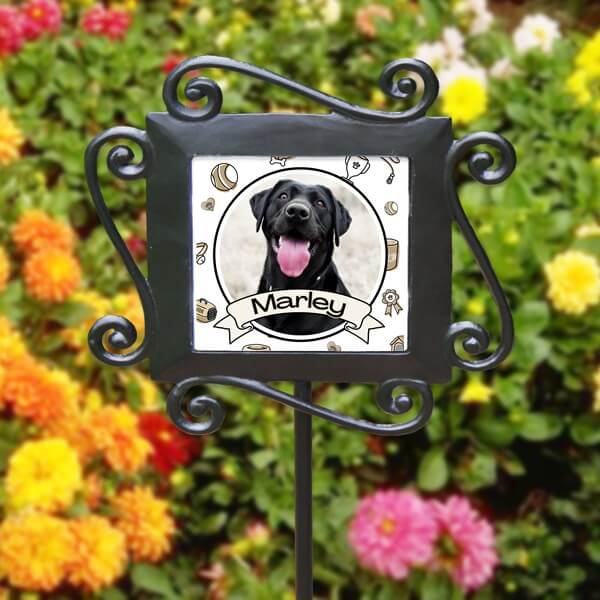 Minimalist personalized dog memorial garden stake featuring dog photo and name