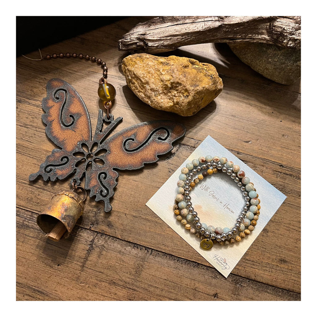 Butterfly Wind Chime with Memorial Bead Bracelet Sympathy Box