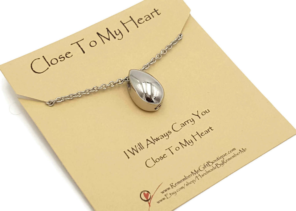 Teardrop Ashes Pendant Necklace - Stainless Steel Cremation Jewelry - Remember Me