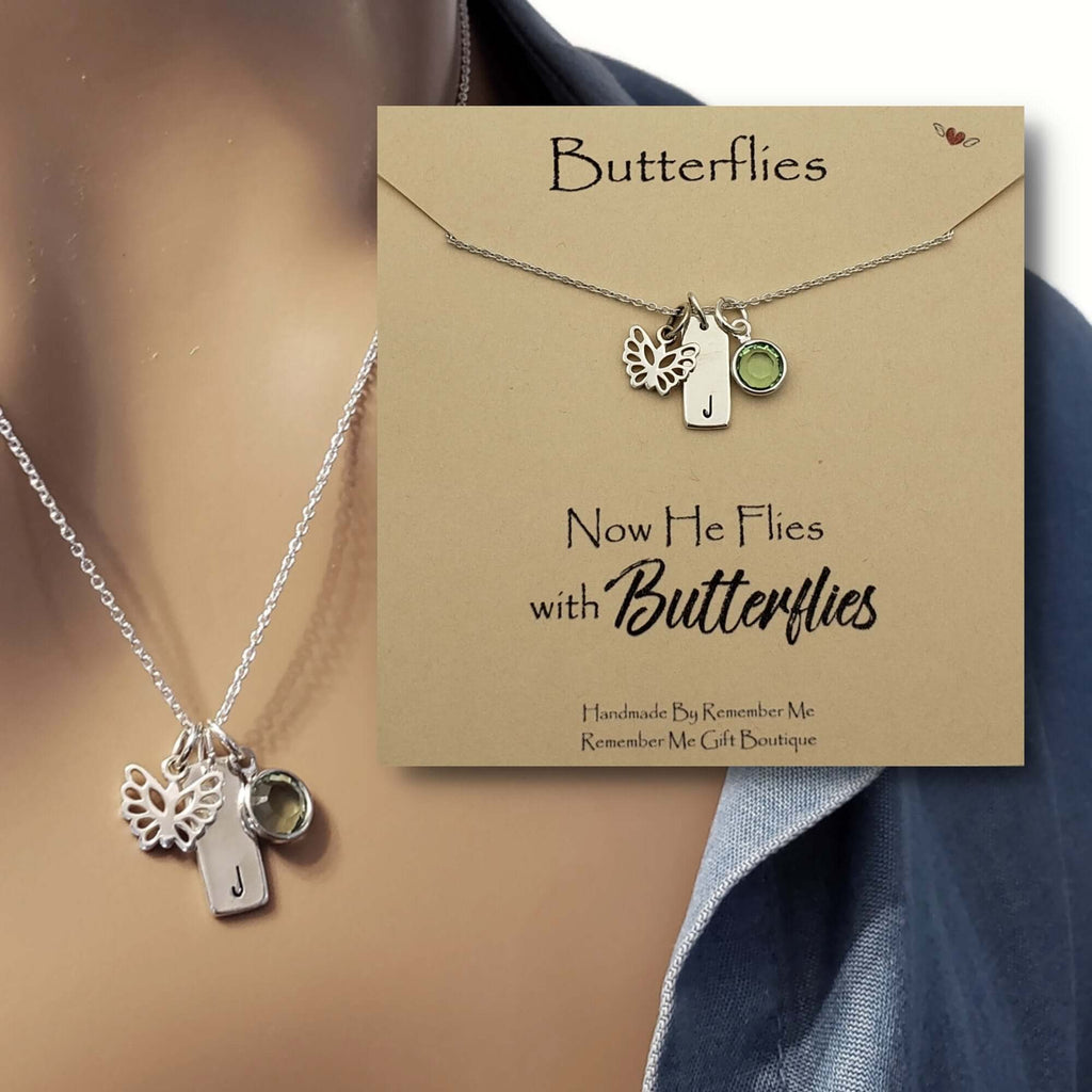 Butterfly Remembrance Necklace - Now He Flies with Butterflies - Personalized Memorial Gifts - Remember Me