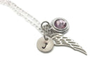 Forever In My Heart Sterling Silver Memorial Necklace with Birthstone, Angel Wing, and Initial - Remember Me